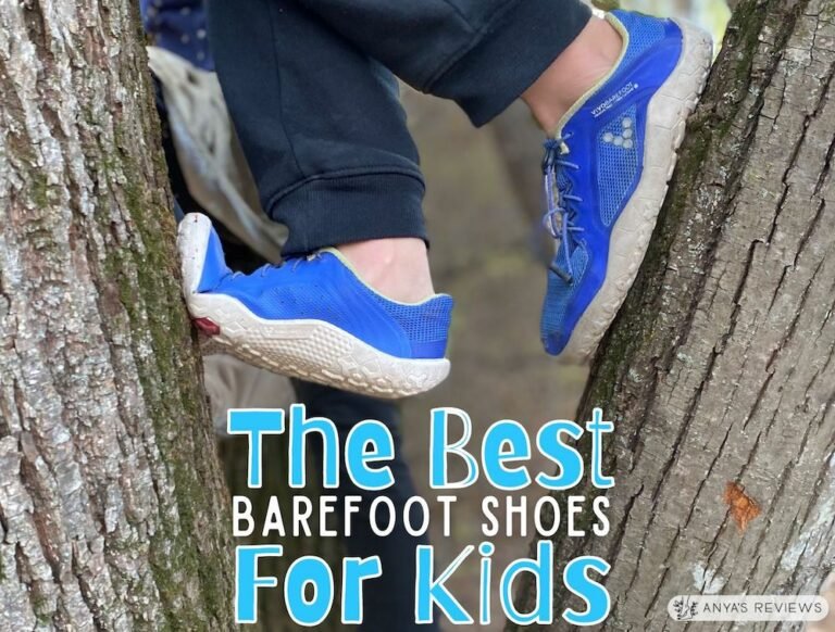 A photo of a child's feet wearing kids barefoot shoes as they climb in a tree with the text "The Best Barefoot Shoes for Kids, Anya's Reviews"