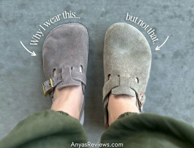 A tow down view of a pair of feet wearing two different shoes. On the left is barefoot clog from Butterfly your world in taupe suede with the text "Why I wear this" and on the right foot is the Birkenstock Boston clog with the text "but not that" and at the bottom "anyasreviews.com"