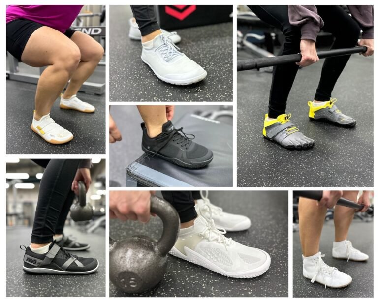 A collage of 7 different barefoot gym shoes, trainers to wear in the gym, on foot and in use with kettlebells, barbells, etc for lifting and crossfit