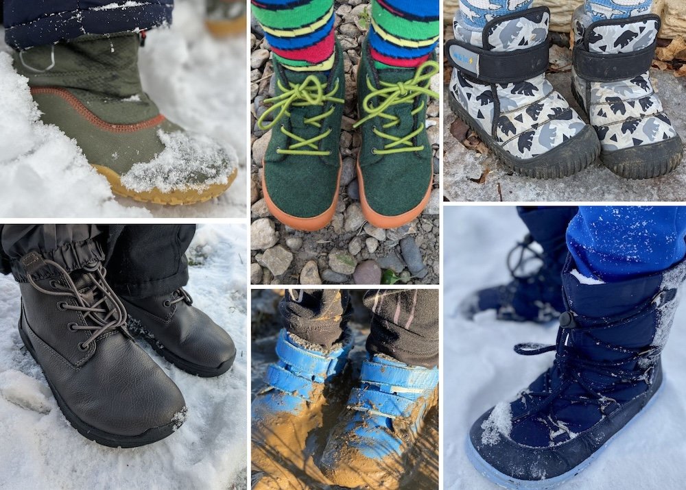A 6 photo collage of different wide toe box barefoot boots that work for fall and winter mud, snow, rain, and outdoor use