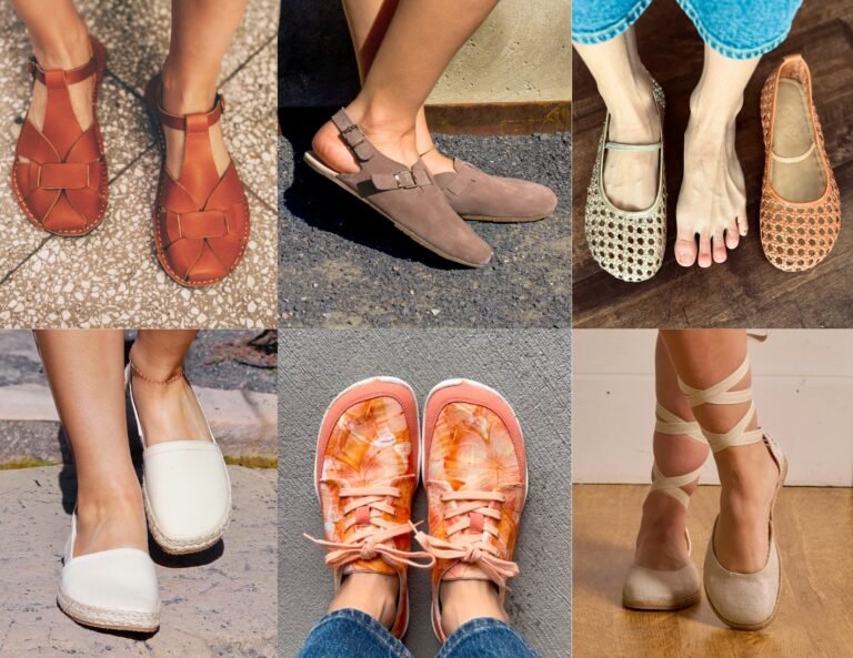 A collage of 6 different spring Barefoot shoe sneak peeks in a variety of styles from clogs to espadrilles. All with a wide toe box anatomical fit.